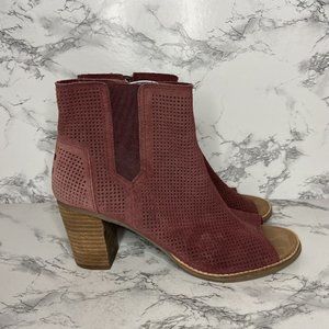 Toms Ankle Boot Womens 10 Burgundy Suede Peep Toe Perforated 3" Stacked Heel